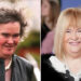 Susan Boyle in 2009 with dark curly hair and now with a blonde bob and glammed up look