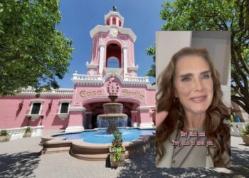 A pink restaurant and photo of brooke shields