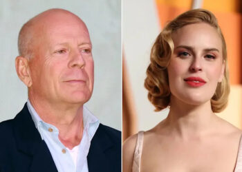 Bruce Willis smiles in blazer and blue shirt, Tallulah Willis wears nude dress on red carpet.