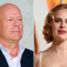 Bruce Willis smiles in blazer and blue shirt, Tallulah Willis wears nude dress on red carpet.