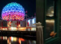 Left, Vancouver’s Science World, and right, a grab from the video The Fate of Ophelia.