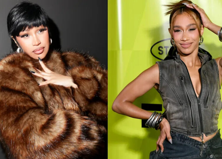 Cardi B in a fur coat with a playful pose, and Bia in a sleeveless top with hand on head, both at separate events.