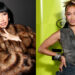 Cardi B in a fur coat with a playful pose, and Bia in a sleeveless top with hand on head, both at separate events.