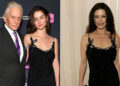 Michael Douglas in a suite and tie pictured with his daughter Carys Zeta Douglas, who is wearing a black dress; Catherine Zeta-Jones pictured in 2005 wearing a black dress