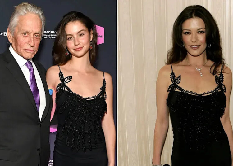 Michael Douglas in a suite and tie pictured with his daughter Carys Zeta Douglas, who is wearing a black dress; Catherine Zeta-Jones pictured in 2005 wearing a black dress