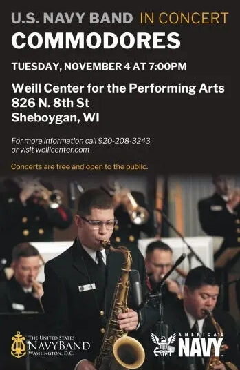 Celebrate the Navy’s 250th birthday with a free big band jazz concert by the Commodores in Sheboygan.
