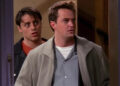 Matt LeBlanc as Joey and Matthew Perry as Chandler looking shocked on Friends