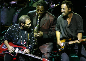 Bruce Springsteen is joined by Clarance Clemons & Nils Lofgren during Prove It all Night as Bruce brings the E-Street Band into the Continental Airlines Arena in East Rutherford for the start of "The Rising" tour 2002 on August 7, 2002.