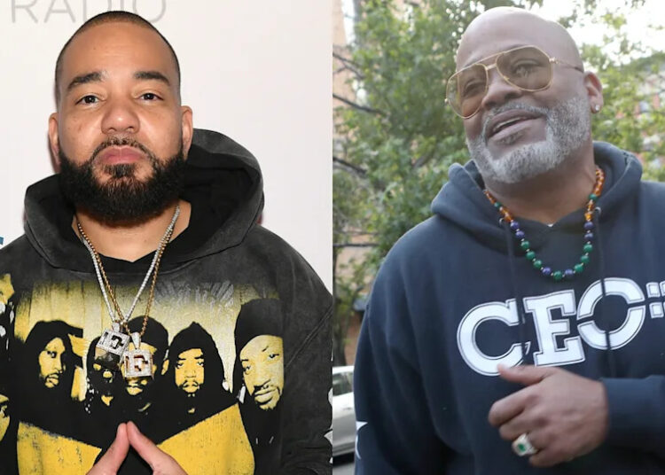 DJ Envy on the left, wearing a printed hoodie, and Dame Dash on the right, in a
