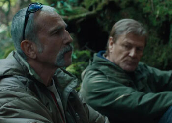 Daniel Day Lewis as Ray leaning up against a log talking to Sean Bean as Jem in Anemone