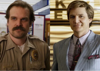 Side-by-side pictures of David Harbour in Stranger Things and Pedro Pascal in Wonder Woman 1984.