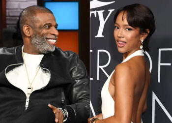 Deion Sanders smiling in a black and white jacket, and Karrueche Tran posing in a white dress at an event.