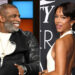 Deion Sanders smiling in a black and white jacket, and Karrueche Tran posing in a white dress at an event.