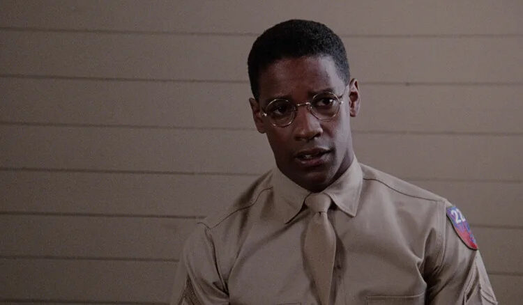 Denzel Washington as PFC. Melvin Peterson looking disheartened in A Soldier's Story