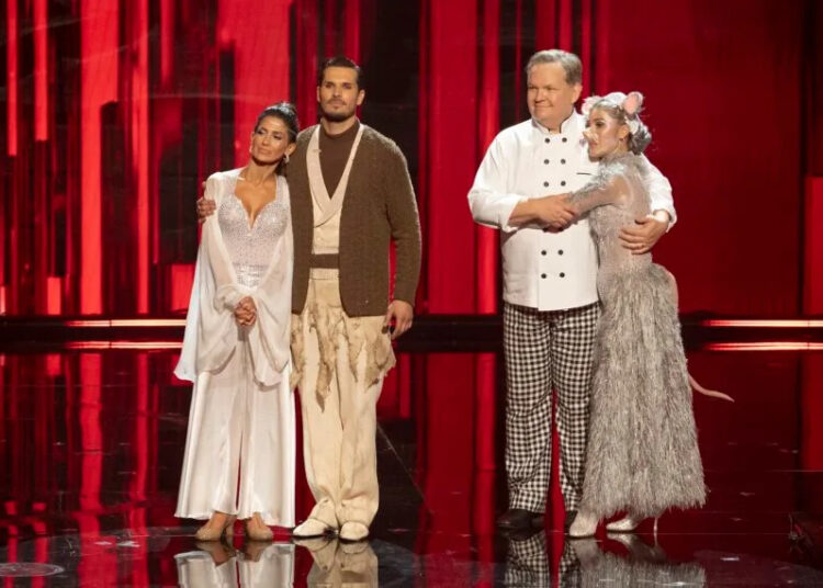Hilaria Baldwin, Gleb Savchenko, Andy Richter, and Emma Slater on Season 34, Episode 4, of ABC's 'Dancing With the Stars,' October 7, 2025.