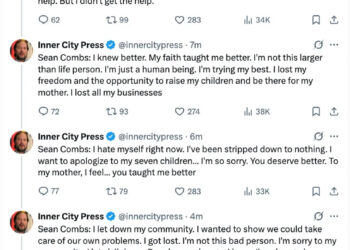 Tweets by Inner City Press quoting Sean Combs apologizing for his actions, expressing regret, and seeking forgiveness and change.