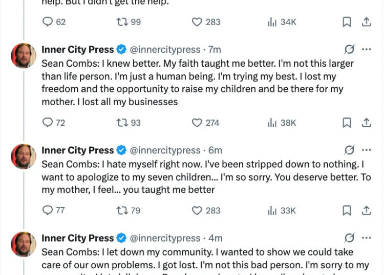 Tweets by Inner City Press quoting Sean Combs apologizing for his actions, expressing regret, and seeking forgiveness and change.