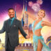 Dancing with the Stars cohosts Alfonso Ribeiro and Julianne Hough are seen in front of an image of a Disney park castle, with fireworks in the background; several fireworks on the right, behind Hough, are shaped like Mickey Mouse.