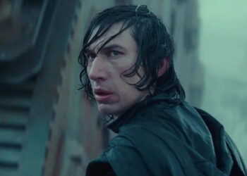 Adam Driver as Kylo Ren standing in the rain in Star Wars: The Rise of Skywalker