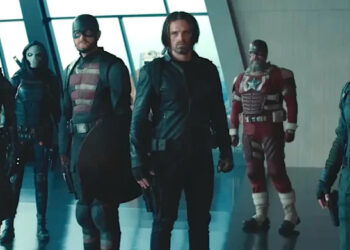 thunderbolts, a group of characters in combat outfits standing in a modern high rise building