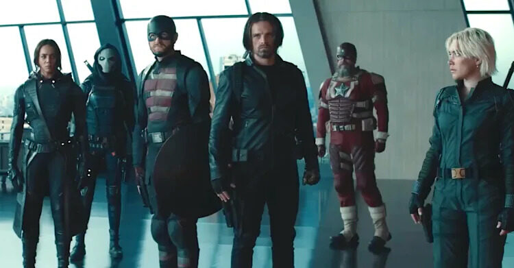 thunderbolts, a group of characters in combat outfits standing in a modern high rise building