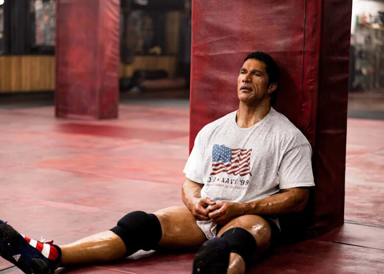 Mark Kerr (Dwayne Johnson) takes a breather during a training session.