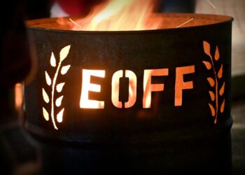 Fire in a barrel outside of hq, a venue for the the Eastern Oregon Film Festival.