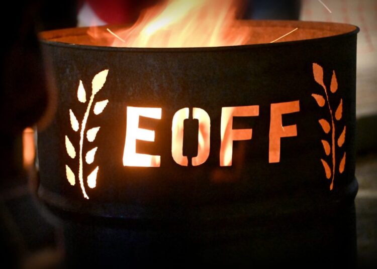 Fire in a barrel outside of hq, a venue for the the Eastern Oregon Film Festival.
