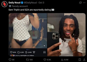 A tweet from a parody account claims Eem Triplin and SZA are dating, with images of a woman in a lace top and a man holding a phone.