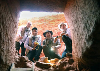 Dr. Fares Braizat, Fadi Balawi, Josh Gates and Pearce Paul Creasman pictured basking in the discovery of the secret tomb in Petra, Jordan.