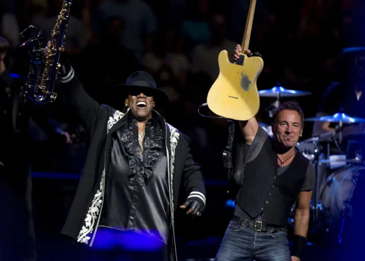 Clarence Clemons and Bruce Springsteen perform with the E Street Band during a concert at the Izod Center in East Rutherford, New Jersey, on May 21, 2009.