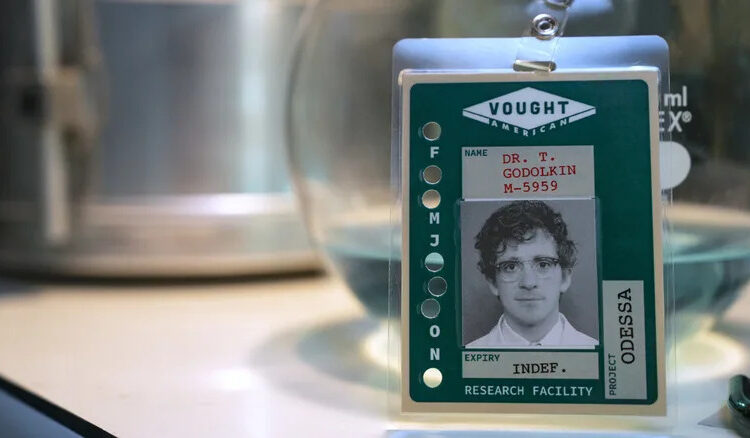 Ethan Slater's Thomas Godolkin on a Vought identity card on Gen V