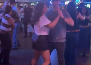 Glen Powell two-step dancing with Timberlee Reid at The Broken Spoke in Austin, Texas. (Ginny White-Peacock/Courtesy of Ginny White-Peacock)