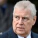 Prince Andrew wearing a dark textured overcoat over a white shirt and red tie, standing outdoors with a blurred background