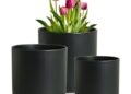 Meowell 8/7/6 Inch Plant Pots, 3 Set Cylinder Flower Pots for Outdoor Indoor Plants, Decorative Plastic Planters With Drainage Holes and Saucers for Garden House Plants, Black