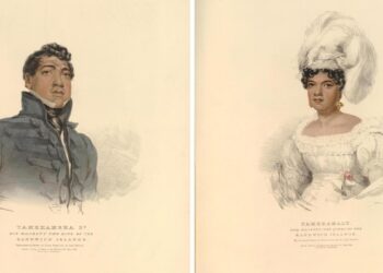 Sketches of a young Hawaiian man and women in fine 19th century clothing. On the left is the king wearing a dark grey military style jacket. He has short wavy hair and is posing, looking slightly upwards. The Queen is wearing a white plumed headdress and a square-necked white dress with fine ruffled neckline, puffed sleeved and the dress gathers in at the waistband and flares out in pleats. Her hair is gathered and you can only see some of her curled hair around her forehead and she wears earrings.