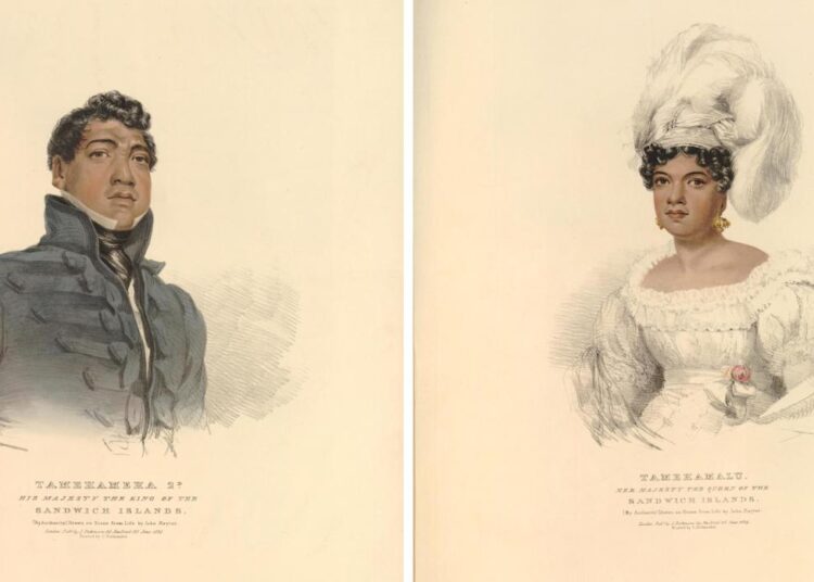 Sketches of a young Hawaiian man and women in fine 19th century clothing. On the left is the king wearing a dark grey military style jacket. He has short wavy hair and is posing, looking slightly upwards. The Queen is wearing a white plumed headdress and a square-necked white dress with fine ruffled neckline, puffed sleeved and the dress gathers in at the waistband and flares out in pleats. Her hair is gathered and you can only see some of her curled hair around her forehead and she wears earrings.