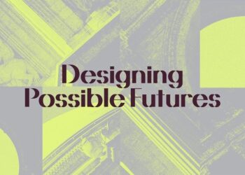 "Designing Possible Futures" text on abstract green and gray geometric background.