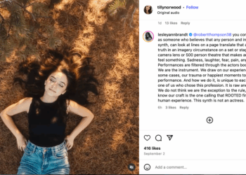 An instagram post by Tilly Norwood, an AI generated creationg, showing a young bot-made woman laying on a forest floor. The comment on the post is critical of the account being of a bot-made woman who doesn't exist.