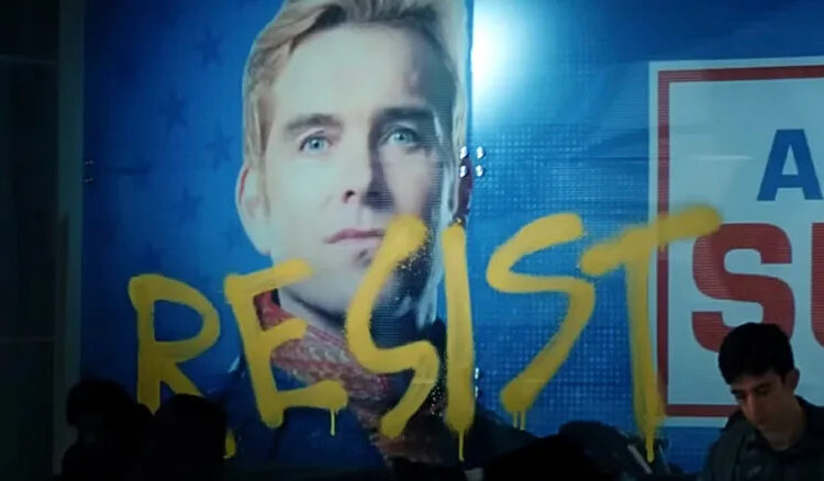 Gen V - poster of Homelander with "resist" painted on it