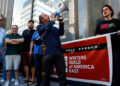 People rally in front of ABC Studios to protest "Jimmy Kimmel Live!" being taken off the air, in New York