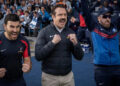 From left to right: Roy Kent, Ted Lasso and Coach Beard all cheering.