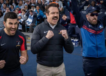 From left to right: Roy Kent, Ted Lasso and Coach Beard all cheering.