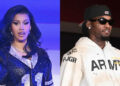 Cardi B in a sparkling outfit on the left, and Offset wearing a hoodie and sunglasses on the right.