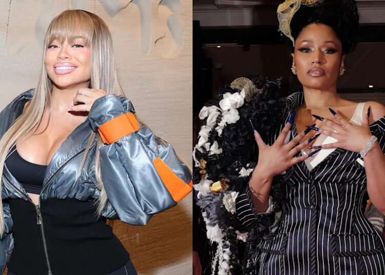 Latto in a stylish jacket with long blonde hair, and Nicki Minaj in a pinstripe outfit with an elaborate floral accessory.