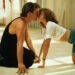 Patrick Swayne and Jennifer Grey kissing in Dirty Dancing.