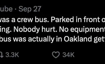 Tweet by Ice Cube about a crew bus incident, clarifying it wasn't his bus. No injuries or equipment damage occurred.