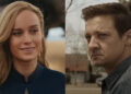 Brie Larson smiling in The Marvels/Jeremy Renner looking serious in Avengers: Endgame.