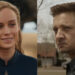 Brie Larson smiling in The Marvels/Jeremy Renner looking serious in Avengers: Endgame.