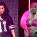 Cardi B in a sparkly jersey and Nicki Minaj in a pink outfit, both performing on stage.